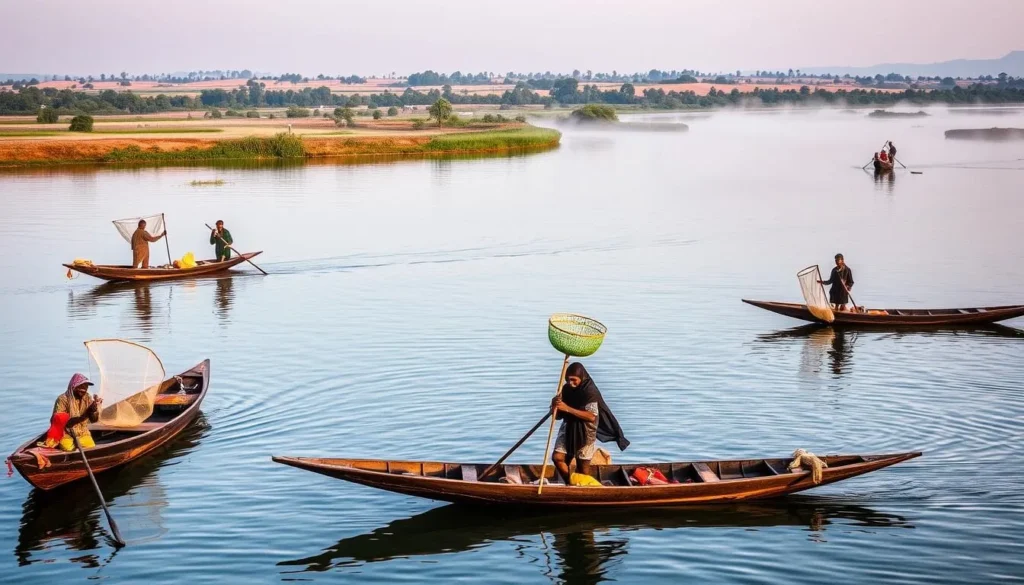 Traditional pinasse (wooden boats) on the Niger River with local fishermen