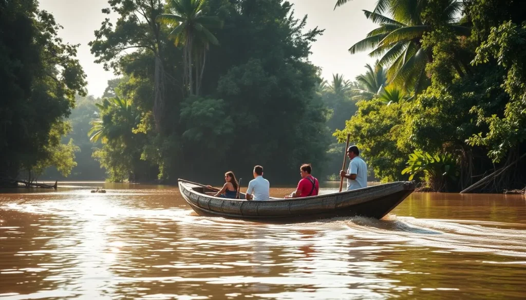 Traditional pirogue canoe trip on the Maroni River with dense jungle on both banks Traditional pirogue canoe trip on the Maroni River with dense jungle on both banks