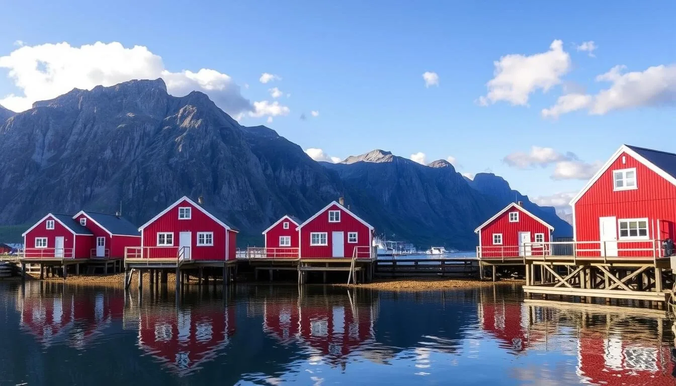 Traditional red wooden cabins (rorbuer) on stilts in the Lofoten Islands, Norway