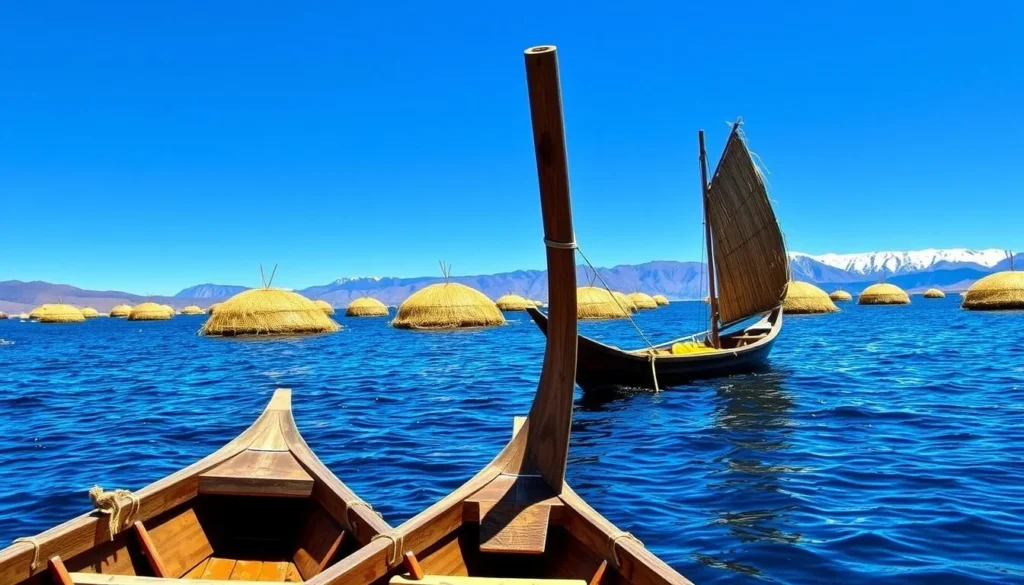 Traditional reed boats on Lake Titicaca with floating islands in background Traditional reed boats on Lake Titicaca with floating islands in background