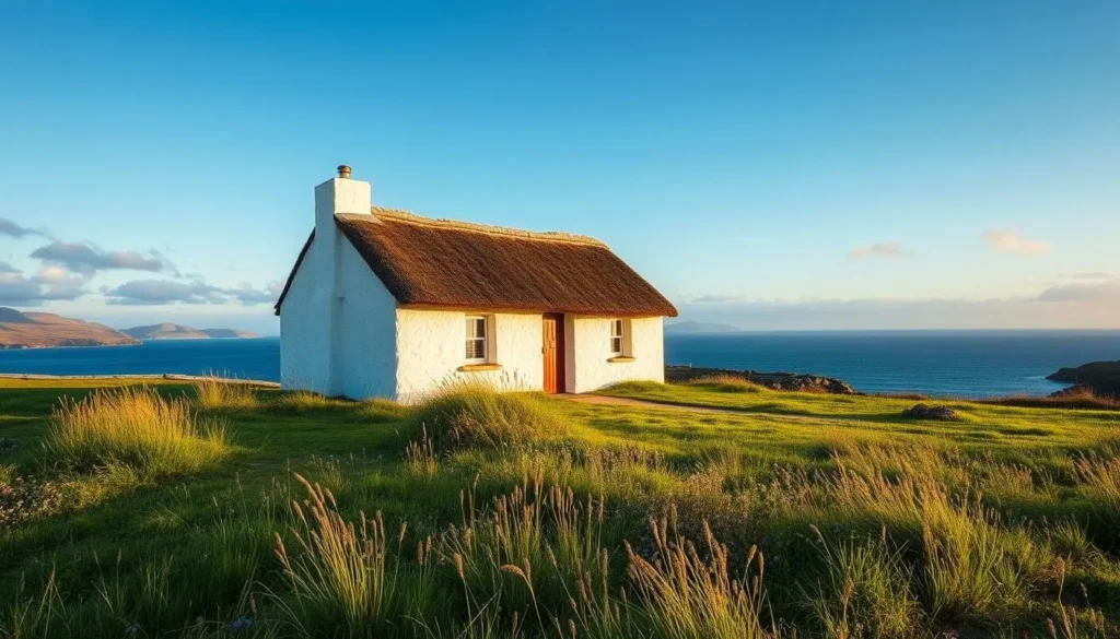 Traditional whitewashed cottage with a thatched roof in the Outer Hebrides landscape