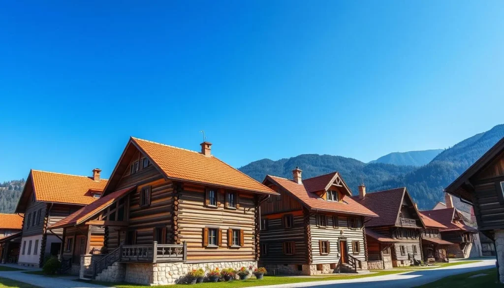 Traditional wooden houses in Drvengrad village with mountain backdrop Traditional wooden houses in Drvengrad village with mountain backdrop