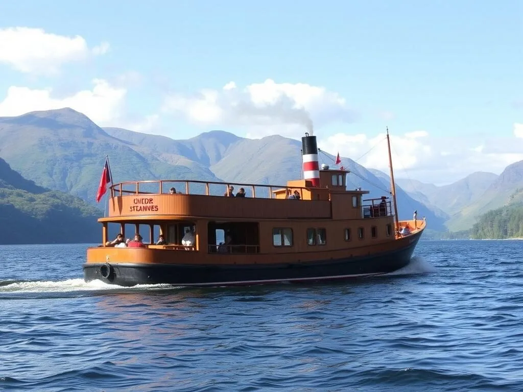 Traditional wooden steamboat cruise on Ullswater lake in the Lake District Traditional wooden steamboat cruise on Ullswater lake in the Lake District