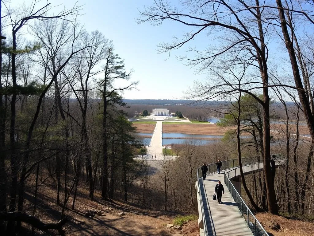 Trails on Theodore Roosevelt Island with the memorial statue visible Trails on Theodore Roosevelt Island with the memorial statue visible