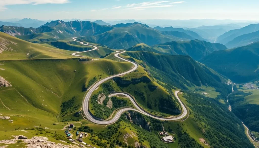 Transfăgărășan Highway winding through the Carpathian Mountains in Romania on a clear summer day Transfăgărășan Highway winding through the Carpathian Mountains in Romania on a clear summer day