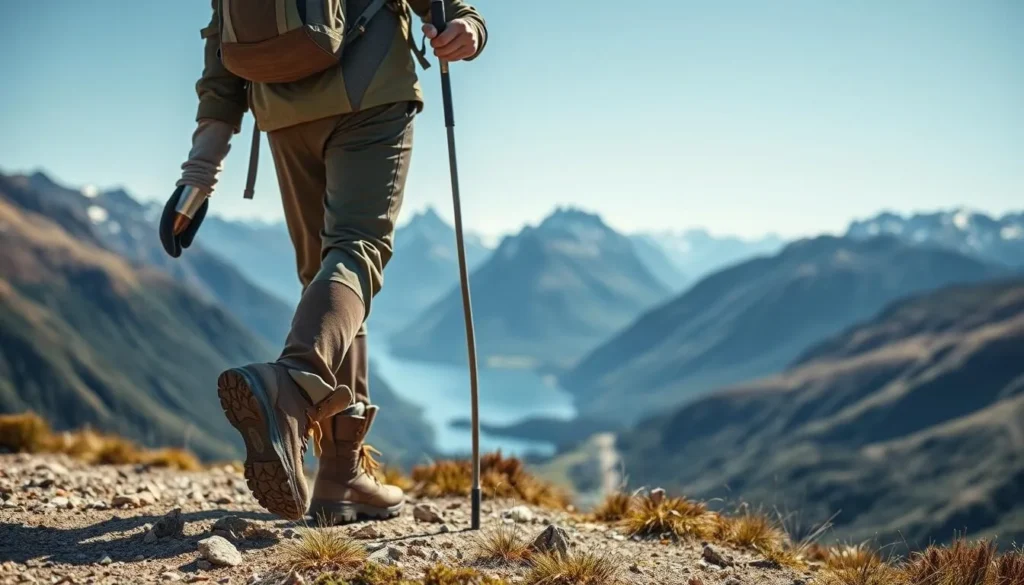 Traveler hiking on New Zealand trail with proper gear, practical travel preparation Traveler hiking on New Zealand trail with proper gear, practical travel preparation