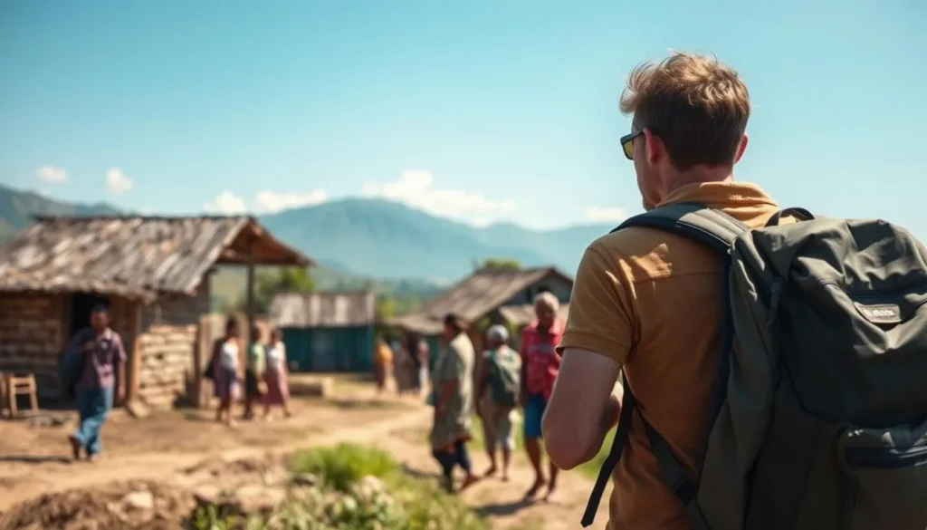 Traveler with backpack exploring rural village in Timor-Leste Traveler with backpack exploring rural village in Timor-Leste