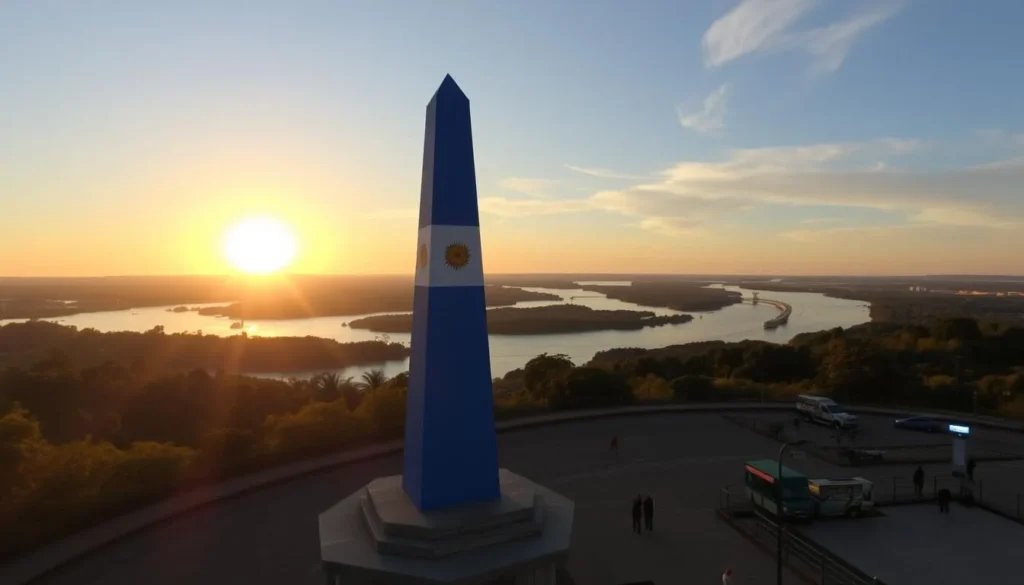 Triple Frontier Landmark in Puerto Iguazú at sunset with views of three countries