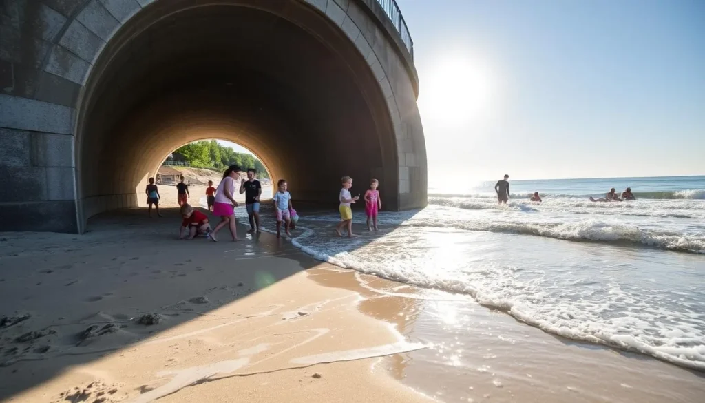 Tunnel Park Holland Michigan with kids playing on the beach and using the tunnel