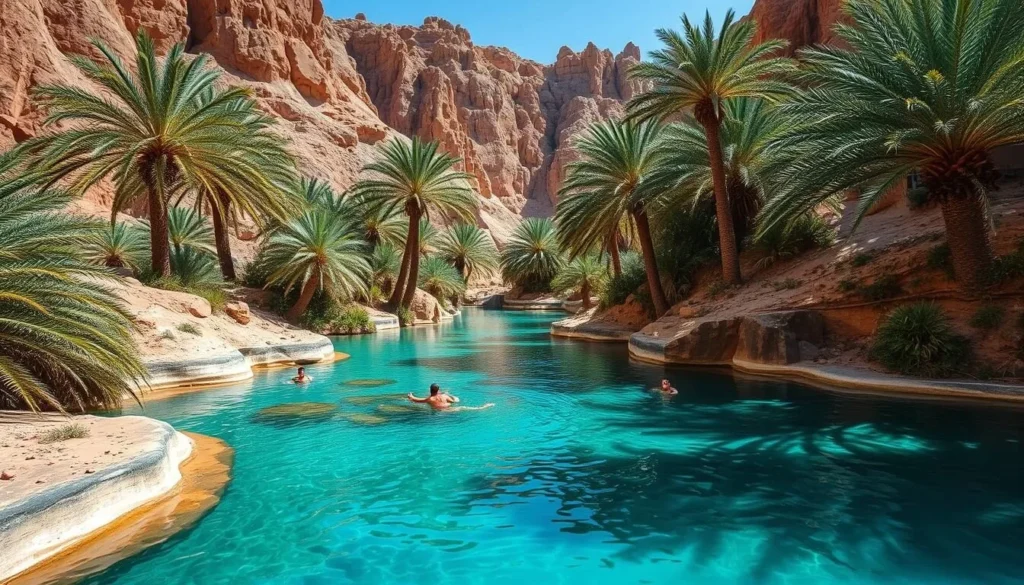 Turquoise pools of Wadi Bani Khalid with palm trees and rocky cliffs