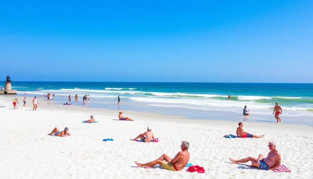 Tybee Island beach scene with a historic lighthouse and people enjoying the sun and surf.