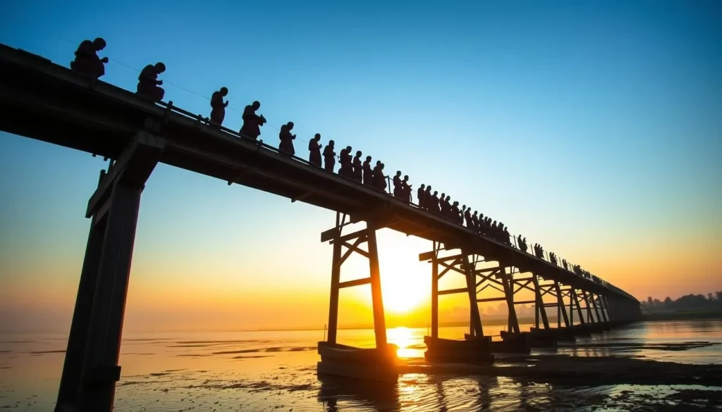 U Bein Bridge in Mandalay at sunset with silhouettes of monks crossing the wooden structure U Bein Bridge in Mandalay at sunset with silhouettes of monks crossing the wooden structure