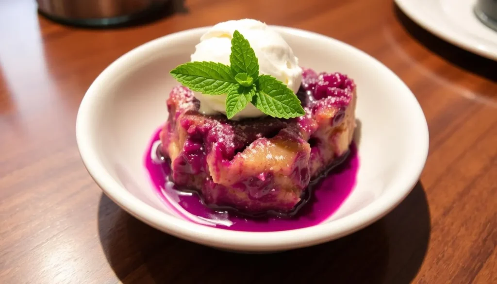 Ube bread pudding with ice cream from Purple Patch, a Filipino restaurant in Washington DC