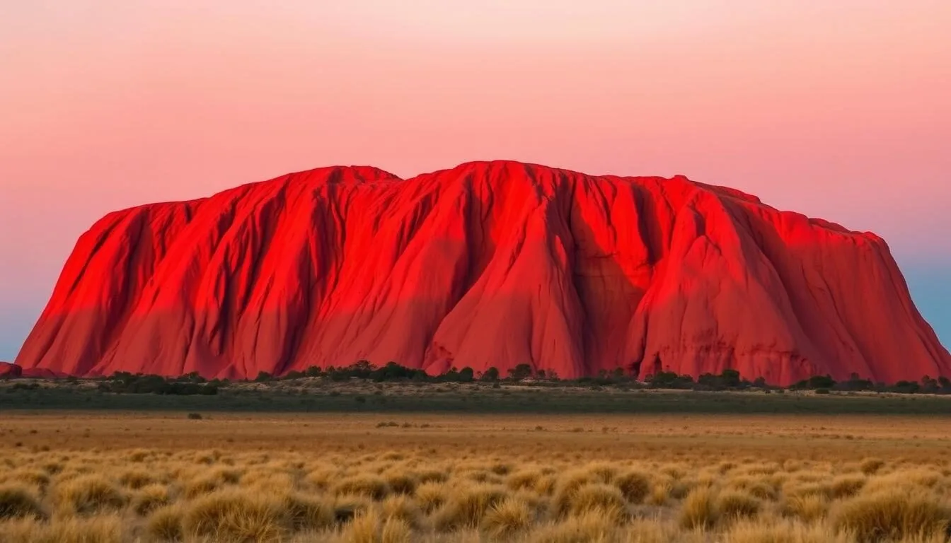 Uluru (Ayers Rock) glowing red at sunset with clear blue sky in Australia's Northern Territory