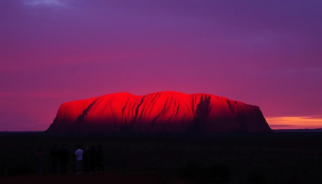 Uluru (Ayers Rock) glowing vibrant red during sunset with silhouettes of tourists at a viewing platform Uluru (Ayers Rock) glowing vibrant red during sunset with silhouettes of tourists at a viewing platform