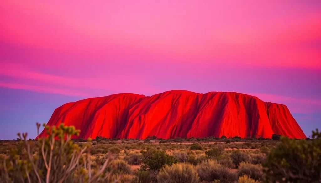 Uluru at sunset with the rock glowing red against a purple and orange sky, Best Things to Do in Yulara, Northern Territory Uluru at sunset with the rock glowing red against a purple and orange sky, Best Things to Do in Yulara, Northern Territory