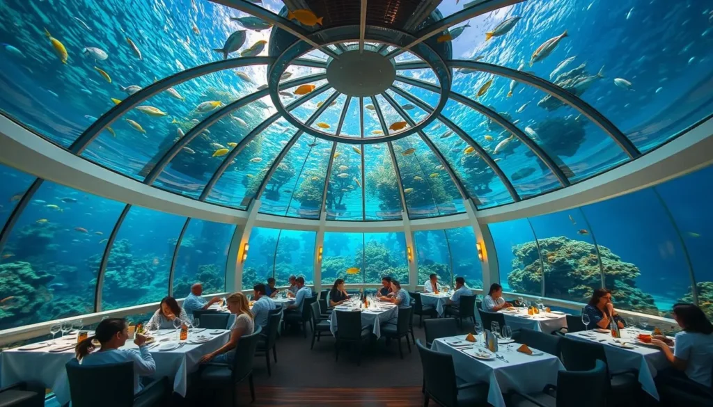 Underwater restaurant in the Maldives with diners surrounded by fish and coral