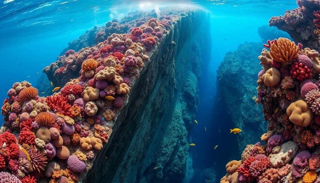 Underwater view of Bloody Bay Wall showing colorful coral formations and diverse marine life