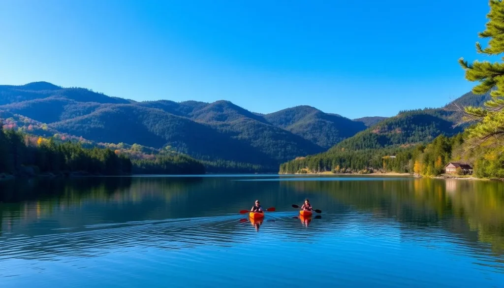 Unicoi Lake in Unicoi State Park near Helen Georgia surrounded by mountains