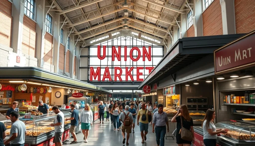 Union Market food hall in Washington DC with various food stalls and shoppers Union Market food hall in Washington DC with various food stalls and shoppers