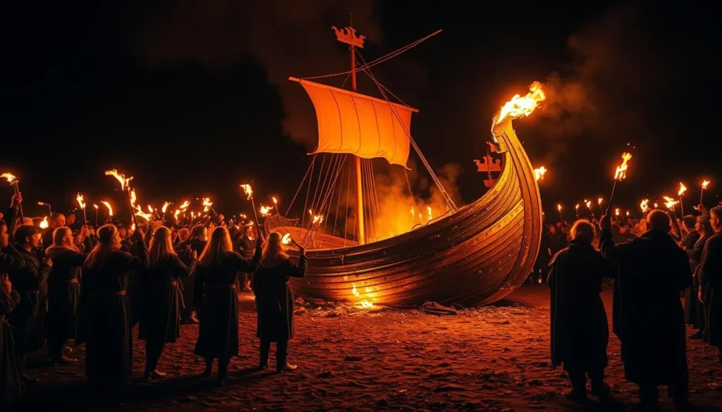 Up Helly Aa festival in Lerwick with torch-bearing Vikings and burning galley ship