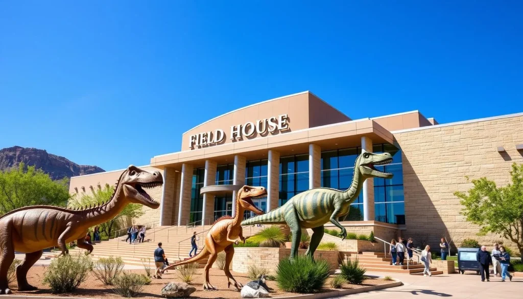 Utah Field House of Natural History State Park Museum with dinosaur statues outside Utah Field House of Natural History State Park Museum with dinosaur statues outside