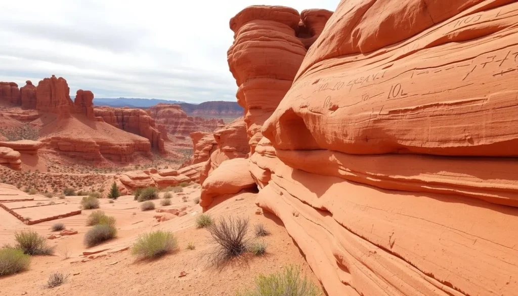 Valley of Fire State Park with red sandstone outcrops and ancient petroglyphs