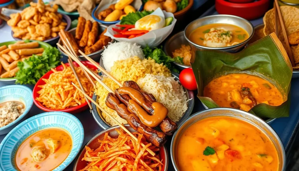 Variety of Malaysian street food dishes including satay, nasi lemak, and laksa Variety of Malaysian street food dishes including satay, nasi lemak, and laksa