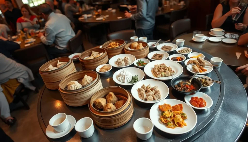 Variety of dim sum dishes on a lazy susan at a popular dim sum restaurant in the DC area