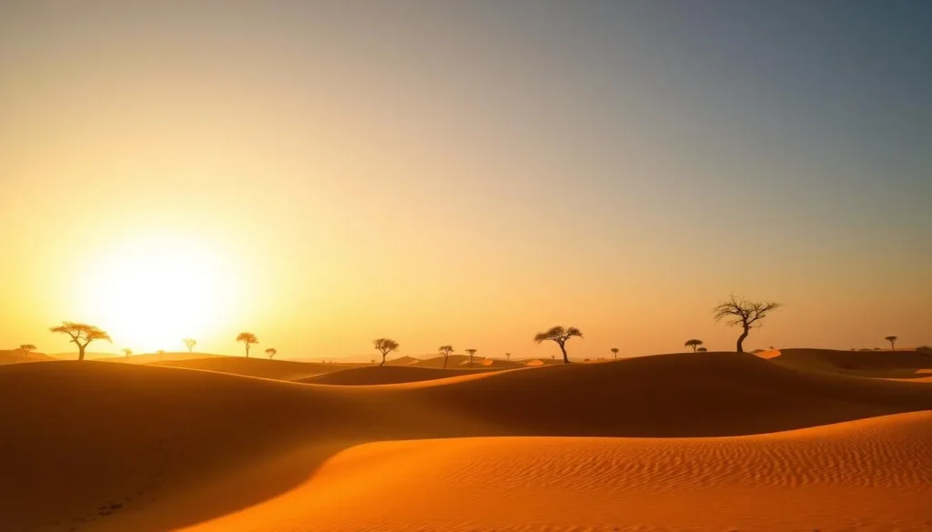 Vast Nubian Desert landscape in Sudan with sand dunes and acacia trees