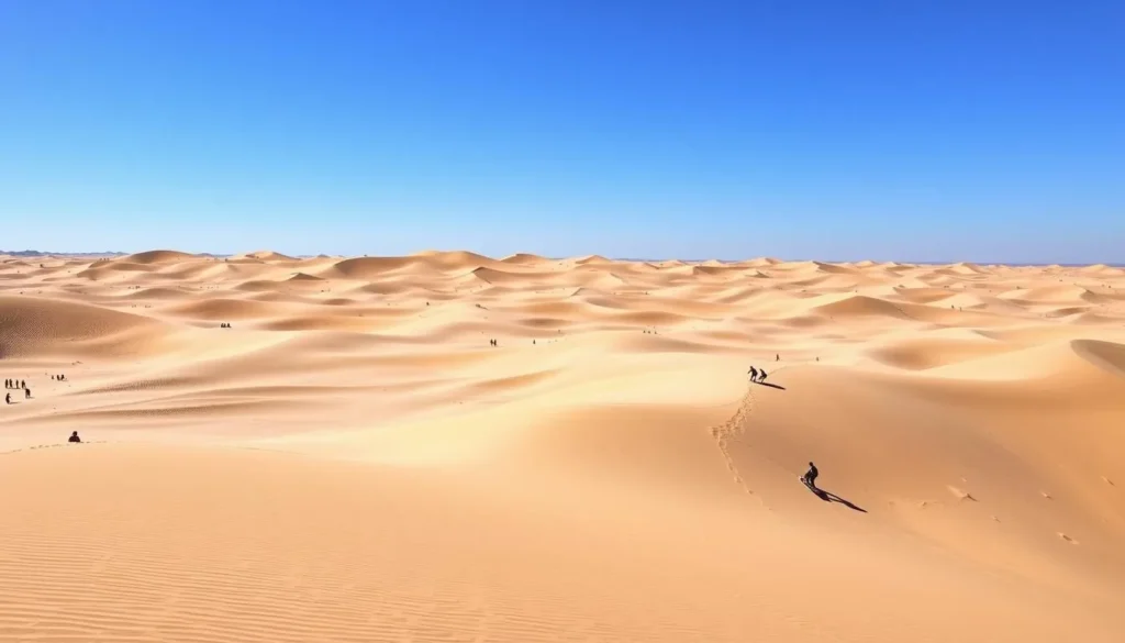 Vast Stockton Sand Dunes landscape with people sandboarding