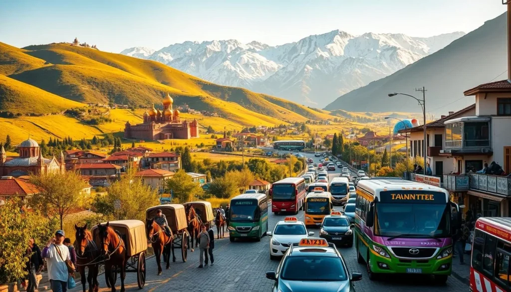 Verdant hills dotted with ancient monasteries and villages in the background, a busy street in the foreground filled with a diverse array of transportation options - from traditional horse-drawn carts to modern electric buses and taxis, all against a backdrop of towering snow-capped mountains. Capture the vibrant energy and rich cultural heritage of Armenia's transportation landscape, bathed in warm, golden sunlight that casts long shadows on the cobblestone streets. Use a wide-angle lens to showcase the grand scale and dynamic interplay of old and new, creating a captivating scene that embodies the essence of "Getting Around Armenia: Transportation Guide".