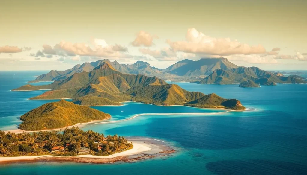 Verdant, sun-dappled islands scattered across the tranquil blue expanse of the Pacific. Jagged volcanic peaks pierce the sky, their lush slopes cascading down to white-sand beaches and placid turquoise lagoons. Swaying palm trees cast gentle shadows over the idyllic coastal villages, where traditional Samoan culture thrives. Warm, golden light bathes the scene, creating a sense of timeless serenity. A serene, untouched paradise, beckoning the viewer to explore its unspoiled natural beauty.