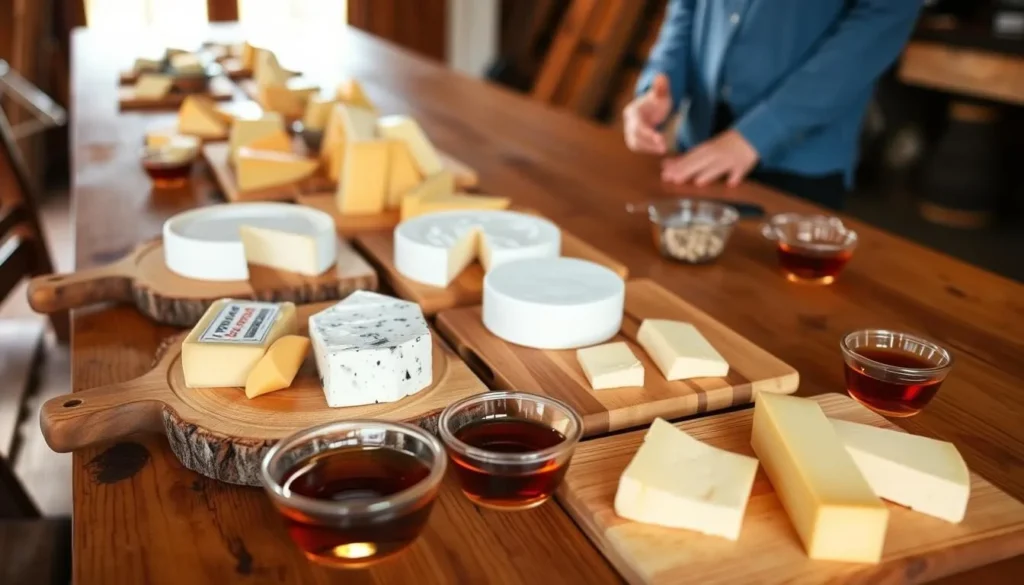 Vermont cheese and maple tasting at Sugarbush Farm with various cheese samples and maple syrup bottles
