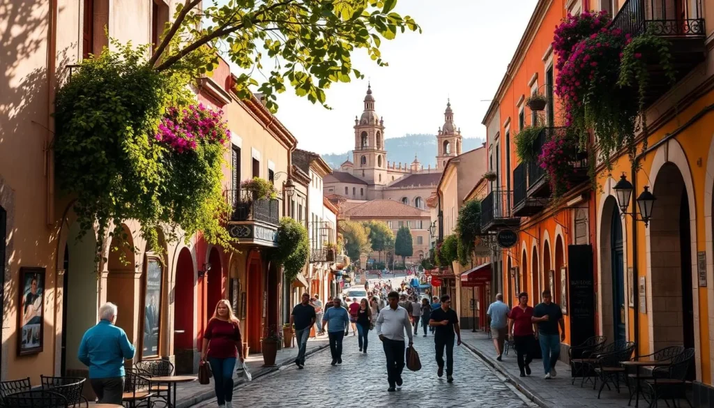 Vibrant Córdoba neighborhoods basking in a warm, sun-drenched afternoon. Narrow, cobblestone streets flanked by charming colonial buildings, their vibrant facades reflecting the city's rich history. Residents stroll leisurely, passing by quaint cafes and local artisan shops. In the distance, the iconic bell towers of churches punctuate the skyline, casting long shadows across the lively plazas. Lush, verdant foliage cascades from balconies, adding pops of color to the picturesque scene. The overall atmosphere exudes a captivating blend of tranquility and bustling community spirit, inviting the viewer to immerse themselves in the unique character of Córdoba's neighborhoods.