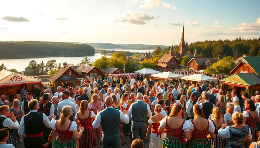 Vibrant Finnish festivals unfold against a backdrop of quaint villages, pristine lakes, and lush forests. In the foreground, a crowd of revelers in traditional costumes dance to the rhythmic beats of folk music, their colorful attire accentuated by the warm, golden lighting. In the middle ground, stalls offer an array of handcrafted goods, local delicacies, and cultural displays, inviting visitors to immerse themselves in the rich tapestry of Finnish heritage. The distant horizon is dotted with the iconic wooden churches and charming architecture that define the picturesque Finnish landscape, conveying a sense of timeless tradition and community. The overall scene radiates a vibrant, celebratory atmosphere, capturing the essence of Finland's vibrant festival culture.