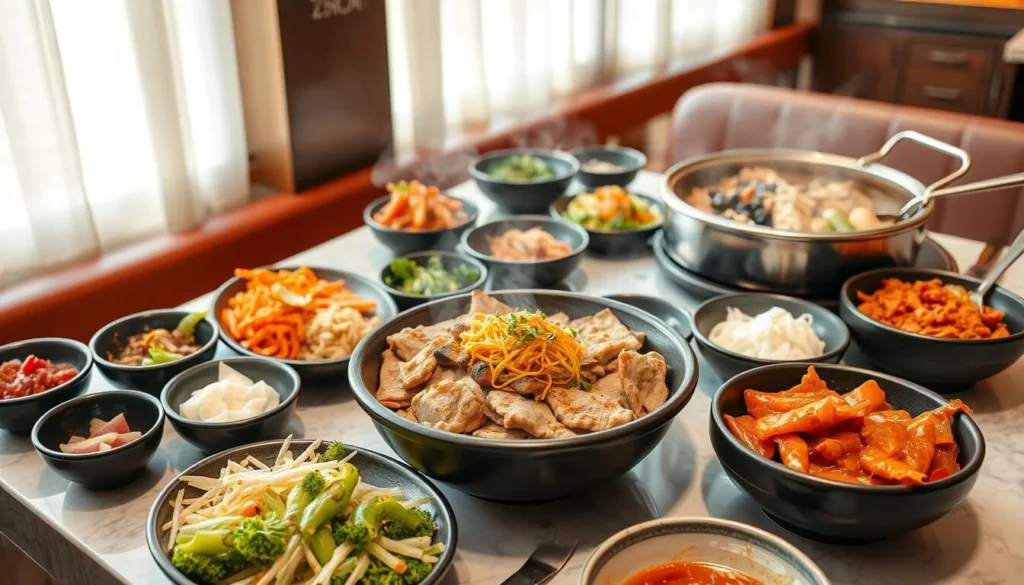 Vibrant Korean food spread with colorful banchan dishes, bulgogi, and bibimbap in an upscale DC restaurant setting