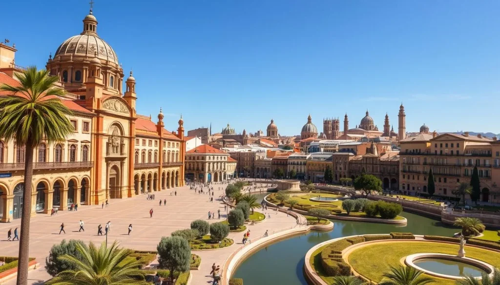 Vibrant architecture and winding canals of Valencia, Spain, bathed in warm Mediterranean sunlight. Capture the historic Plaza de la Virgen with its imposing cathedral and baroque-style buildings in the foreground. In the middle ground, showcase the picturesque Quart Towers and Turia Gardens, creating a harmonious blend of natural and man-made elements. In the background, the distinctive domes and spires of the city's landmarks rise against a clear azure sky. Compose the scene with a wide-angle lens to convey a sense of grandeur and immerse the viewer in the enchanting atmosphere of this Spanish hidden gem.