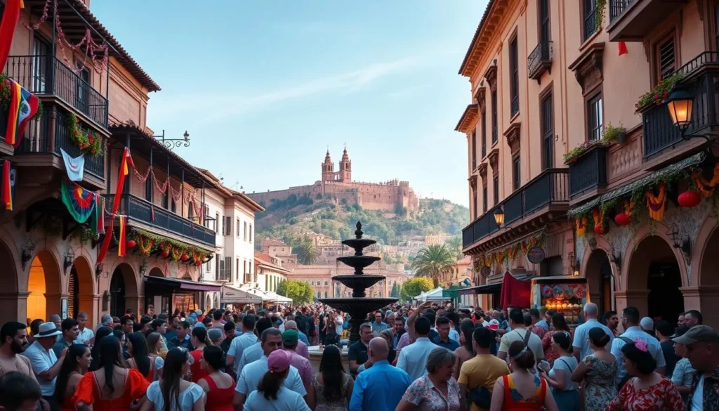 Vibrant celebrations unfold against the picturesque backdrop of Granada's historic architecture. In the foreground, a lively crowd gathers, adorned in traditional Andalusian attire, dancing to the rhythmic beats of local musicians. Colorful banners and lanterns hang from ornate balconies, casting a warm, festive glow across the scene. In the middle ground, an ornate fountain stands as a focal point, surrounded by vendors offering an array of local delicacies and crafts. In the distance, the iconic Alhambra palace perches atop a hill, its majestic towers and domes silhouetted against a clear, azure sky. Capture the essence of Granada's vibrant cultural celebrations through this dynamic, immersive image.