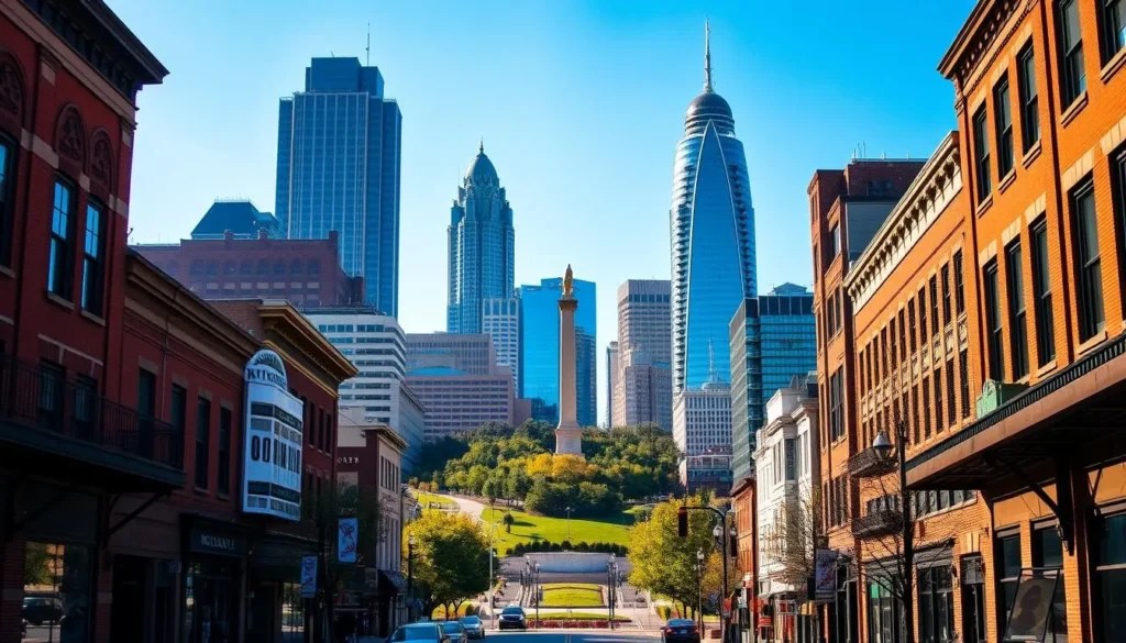 Vibrant cityscape of Indianapolis on a clear, sunny day. In the foreground, a bustling street lined with charming brick buildings, their facades adorned with intricate architectural details. Towering skyscrapers and modern high-rises rise in the middle ground, their glass and steel surfaces reflecting the bright blue sky. In the background, the iconic Monument Circle, its neoclassical Indiana limestone monument standing tall, surrounded by a lush, verdant park. Warm, golden light filters through the scene, creating a welcoming and inviting atmosphere that captures the charm and character of this Midwest gem.