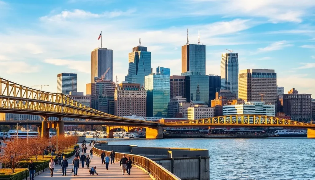 Vibrant cityscape of Pittsburgh, Pennsylvania, with the iconic skyline rising above the Allegheny River. Majestic bridges spanning the waterways, their steel structures gleaming in the warm, golden sunlight. In the foreground, pedestrians stroll along the riverfront promenade, enjoying the bustling energy of the city's renaissance. Towering skyscrapers, a mix of modern and historic architecture, create a dynamic and visually striking backdrop. The scene exudes a sense of progress, vitality, and the city's transformation, capturing the essence of the "Discovering Pittsburgh's Renaissance" section.