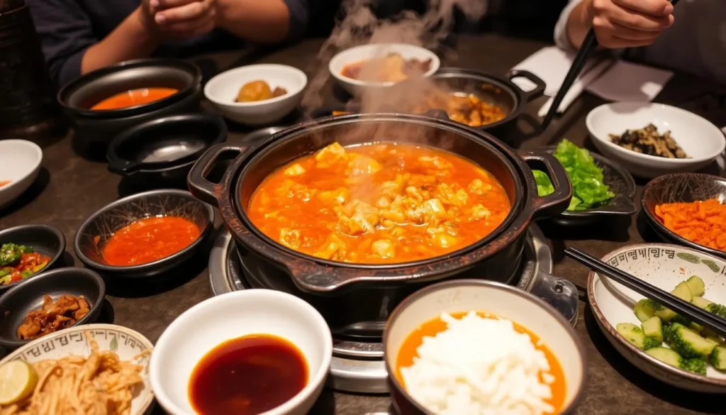 Vibrant dish of Kimchi Jjigae (stew) in a stone pot with side dishes at BUL restaurant