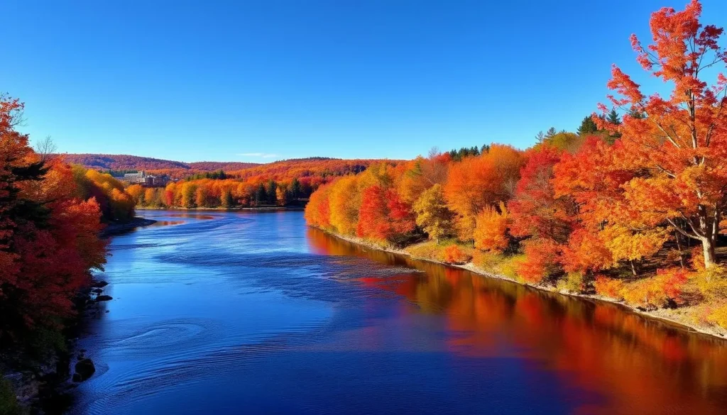 Vibrant fall foliage along the Androscoggin River in Auburn, Maine with colorful autumn trees Vibrant fall foliage along the Androscoggin River in Auburn, Maine with colorful autumn trees