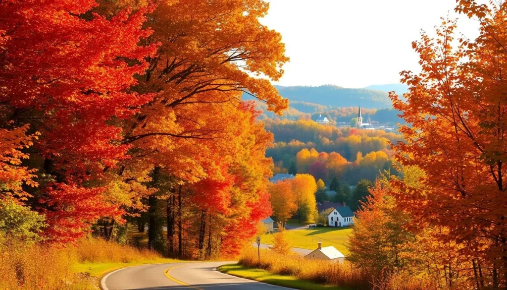 Vibrant fall foliage in a scenic New England landscape. Lush, colorful trees lining a winding country road, their leaves ablaze with hues of red, orange, and gold. Warm sunlight filters through the branches, casting a gentle glow over the scene. In the distance, a picturesque village nestled among the rolling hills, its quaint buildings and church steeple peeking through the autumnal splendor. The air is crisp and clean, with a hint of wood smoke drifting from nearby fireplaces. A serene, quintessential autumn day, perfect for outdoor adventures and seasonal festivities.