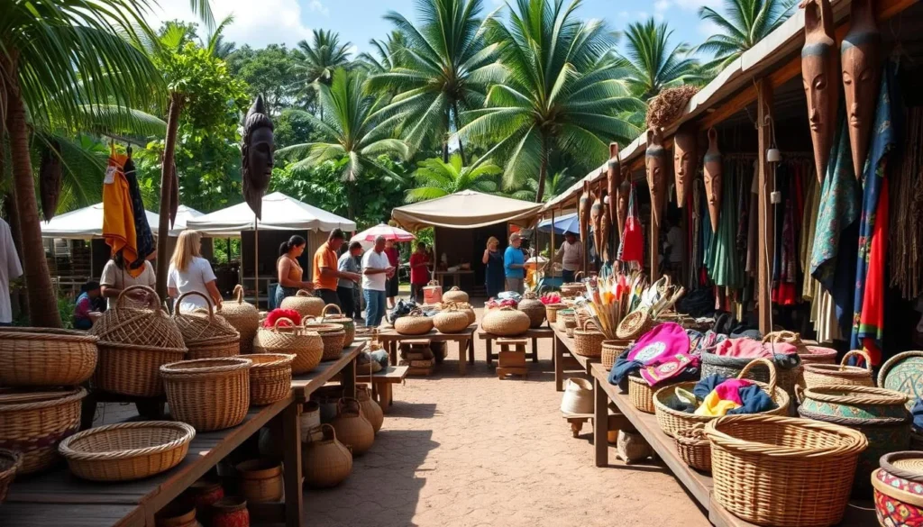 Vibrant handicrafts of Papua New Guinea, showcased in a bustling outdoor marketplace. In the foreground, intricate woven baskets, carved wooden masks, and vibrant textiles are displayed on rustic wooden tables. The middle ground features local artisans skillfully demonstrating their craft, surrounded by eager shoppers. In the background, lush tropical foliage and a clear blue sky create a warm, inviting atmosphere. Soft, natural lighting illuminates the vibrant colors and textures of the handmade goods. A sense of cultural richness and traditional artistry permeates the scene, capturing the essence of Papua New Guinea's unique handicraft heritage.