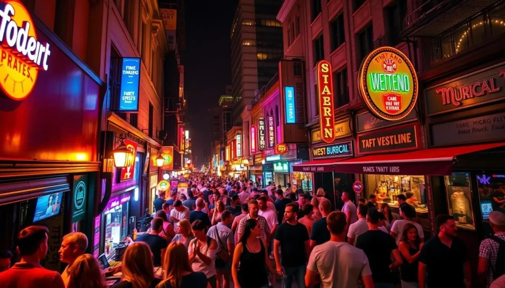 Vibrant nightlife in the heart of West End, a bustling urban district. Capture the lively atmosphere with neon-lit bars, lively crowds spilling onto the streets, and a diverse mix of trendy eateries and clubs. Showcase the energy and excitement of this popular nighttime destination, illuminated by warm, saturated lighting that casts a inviting glow. Angle the shot to showcase the dynamic interplay of people, architecture, and nighttime ambiance, creating a captivating scene that embodies the spirit of West End's nightlife.