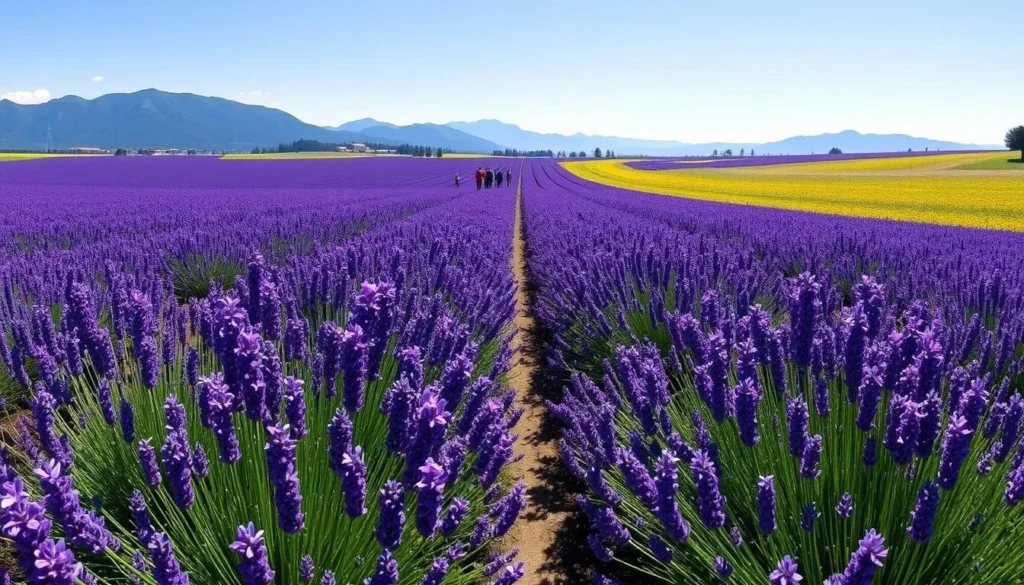 Vibrant purple lavender fields in bloom in Sequim Washington under sunny skies Vibrant purple lavender fields in bloom in Sequim Washington under sunny skies