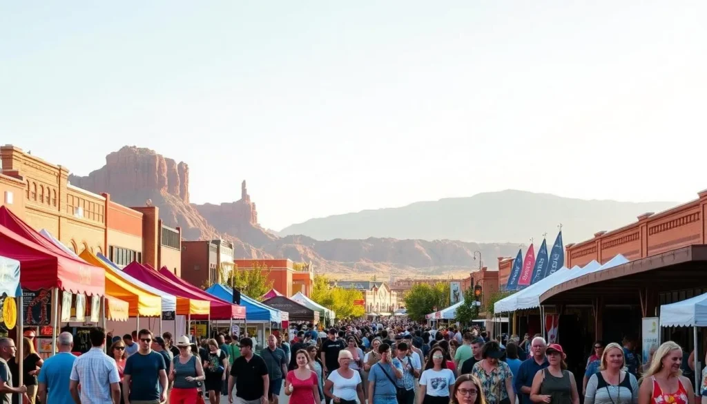 Vibrant street scene in Cedar City, Utah, showcasing the city's lively festival atmosphere. In the foreground, a crowd of people stroll past colorful tents and booths, sampling local fare and browsing handcrafted goods. The middle ground features a stage with performers animating the scene, their music and dance drawing in onlookers. In the background, the majestic red rock formations of the Cedar City landscape provide a stunning natural backdrop, bathed in warm, golden afternoon light. The overall mood is one of joyful celebration, capturing the spirit of this festival-loving community.