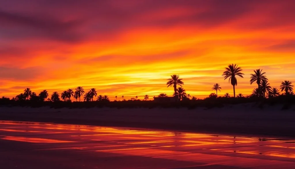 Vibrant sunset over Dundee Beach with silhouettes of palm trees