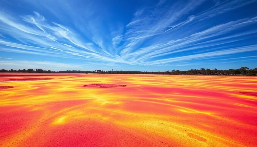 Vibrant temperature patterns dance across a serene landscape, showcasing the dynamic climate of Canberra. Warm hues radiate from the sun-kissed ground, while cooler tones ripple through the atmosphere, creating a visually captivating interplay of thermal energies. Captured through the lens of a high-resolution camera, the image offers a mesmerizing glimpse into the region's diverse temperature fluctuations, guiding weather-savvy travelers to plan their ideal visit. Crisp shadows and precise angles accentuate the intricate thermal gradients, inviting the viewer to appreciate the nuanced beauty of Canberra's ever-changing climate.